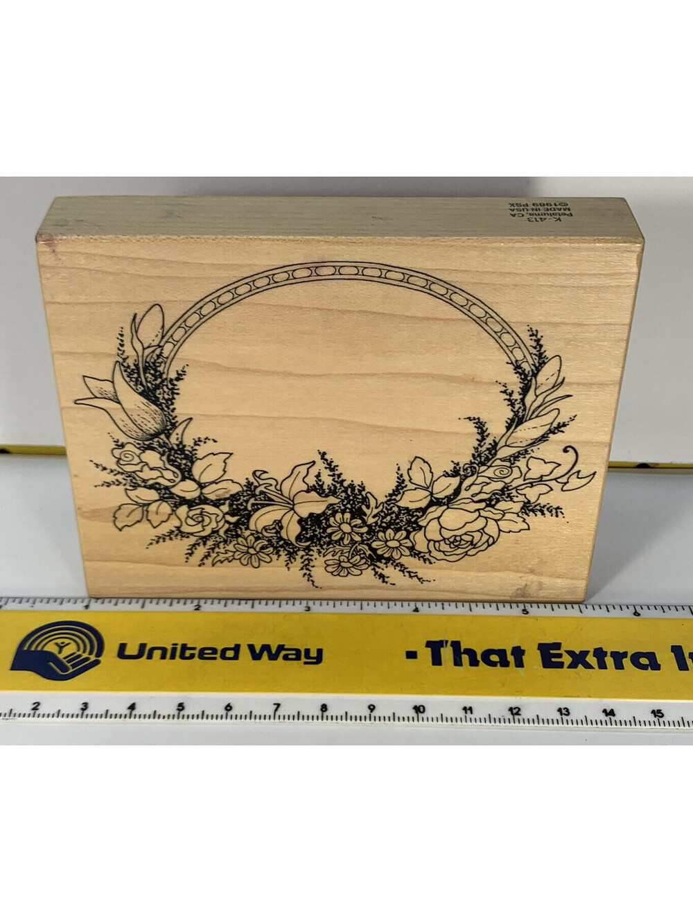 PSX Floral Oval Frame K-413 Flower Spray Roses Lily Daisy Wood Rubber Stamp